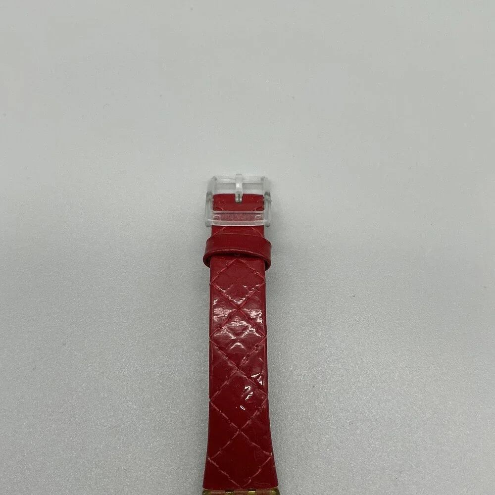 Vintage Swatch Womens Watch 25mm Silver Dial Yellow Case Red Leather Swiss